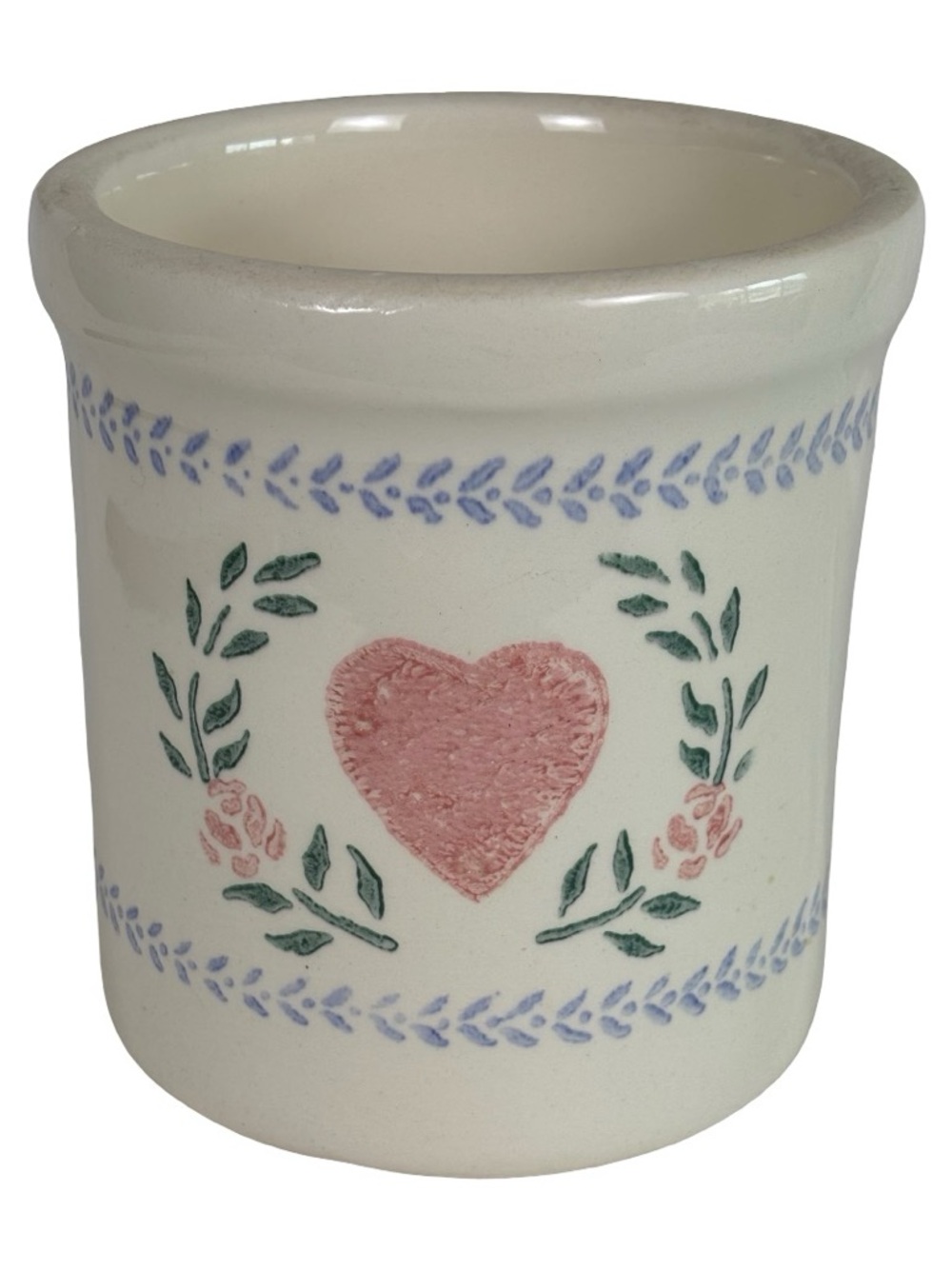 Vintage 80’s Cottage Farmhouse Pink and Blue Heart Floral Stone Crock 5.5”